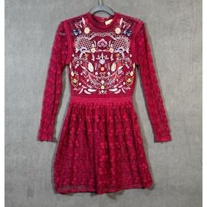 Frock and Frill Hot Pink Lace Embroidery High Neck Skater Fit Flare Mini Dress